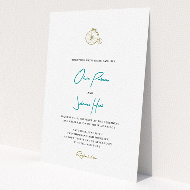 A wedding invite card called 'On your bike new'. It is an A6 invite in a portrait orientation. 'On your bike new' is available as a flat invite, with tones of white and green.