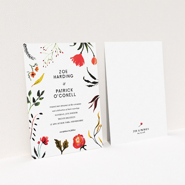 A wedding invite card called "Orange Houndstooth". It is an A5 invite in a portrait orientation. "Orange Houndstooth" is available as a flat invite, with tones of orange and white.