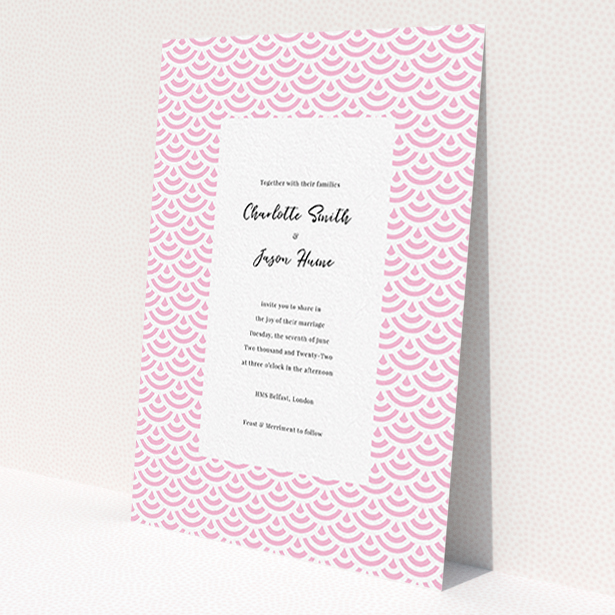 A wedding invite card design titled 'Pink Fans'. It is an A6 invite in a portrait orientation. 'Pink Fans' is available as a flat invite, with tones of pink and white.