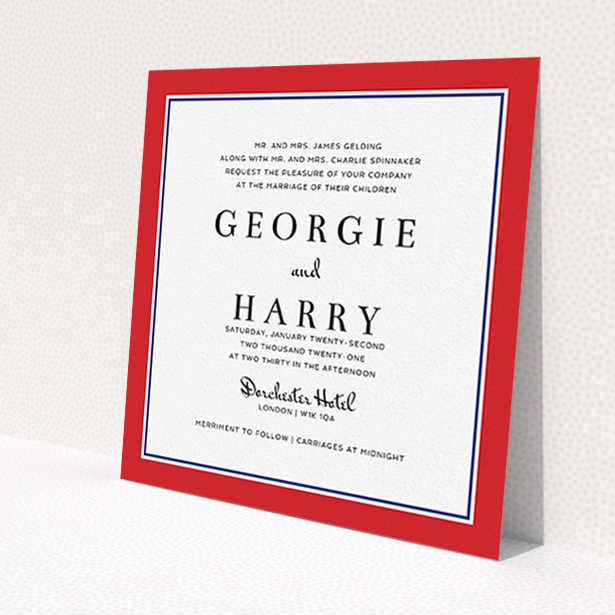 A wedding invite card called 'Red with Blue'. It is a square (148mm x 148mm) invite in a square orientation. 'Red with Blue' is available as a flat invite, with tones of red and blue.