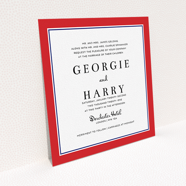 A wedding invite card called "Red with Blue". It is a square (148mm x 148mm) invite in a square orientation. "Red with Blue" is available as a flat invite, with tones of red and blue.
