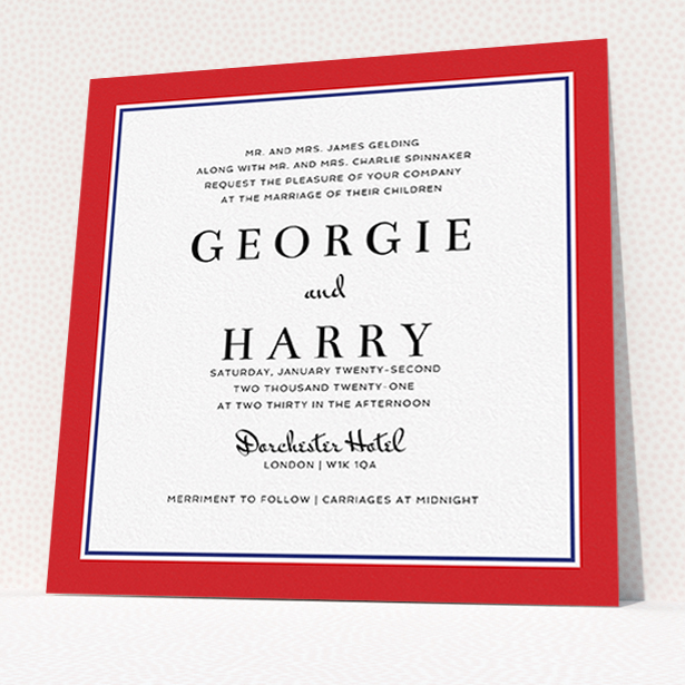 A wedding invite card called "Red with Blue". It is a square (148mm x 148mm) invite in a square orientation. "Red with Blue" is available as a flat invite, with tones of red and blue.