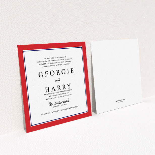 A wedding invite card called "Red with Blue". It is a square (148mm x 148mm) invite in a square orientation. "Red with Blue" is available as a flat invite, with tones of red and blue.