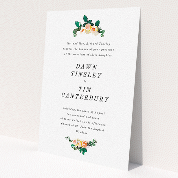 A wedding invite card design named 'Rose bouquet'. It is an A6 invite in a portrait orientation. 'Rose bouquet' is available as a flat invite, with tones of white and green.