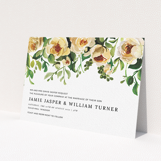 A wedding invite card called 'Rose Garden Wall'. It is an A6 invite in a landscape orientation. 'Rose Garden Wall' is available as a flat invite, with mainly pink colouring.