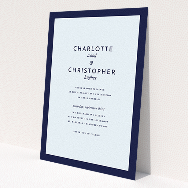 A wedding invite card template titled 'Script switch'. It is an A6 invite in a portrait orientation. 'Script switch' is available as a flat invite, with mainly blue colouring.