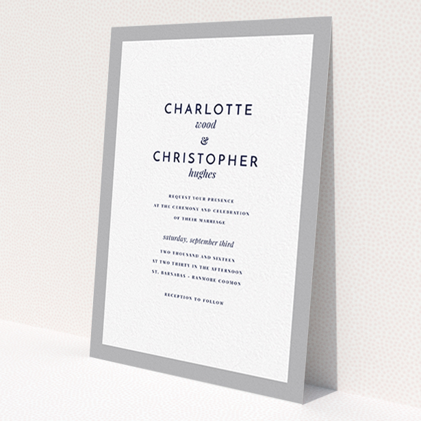 A wedding invite card design called 'Script switch'. It is an A6 invite in a portrait orientation. 'Script switch' is available as a flat invite, with tones of grey and white.