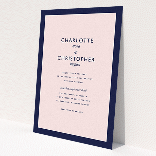 A wedding invite card template titled 'Script switch'. It is an A6 invite in a portrait orientation. 'Script switch' is available as a flat invite, with tones of navy blue and pink.