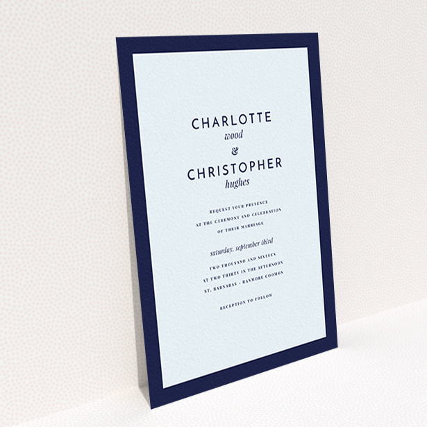 A wedding invite card template titled "Script switch". It is an A6 invite in a portrait orientation. "Script switch" is available as a flat invite, with mainly blue colouring.