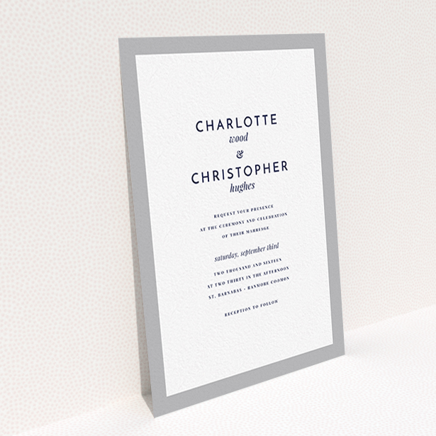 A wedding invite card design called "Script switch". It is an A6 invite in a portrait orientation. "Script switch" is available as a flat invite, with tones of grey and white.