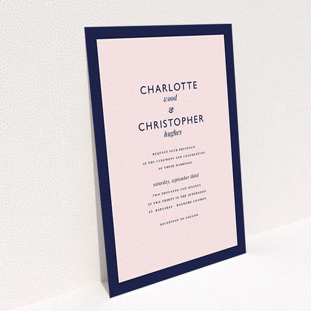A wedding invite card template titled "Script switch". It is an A6 invite in a portrait orientation. "Script switch" is available as a flat invite, with tones of navy blue and pink.