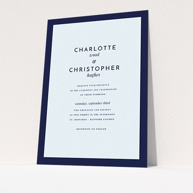 A wedding invite card template titled "Script switch". It is an A6 invite in a portrait orientation. "Script switch" is available as a flat invite, with mainly blue colouring.