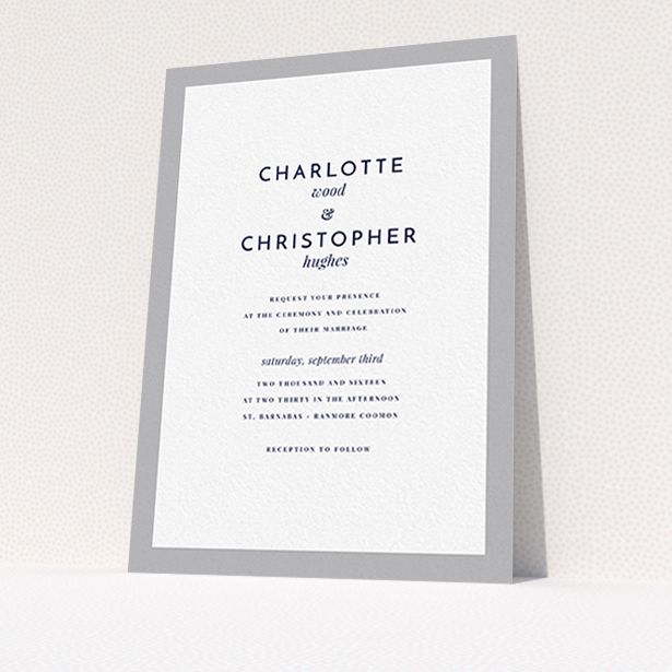 A wedding invite card design called "Script switch". It is an A6 invite in a portrait orientation. "Script switch" is available as a flat invite, with tones of grey and white.