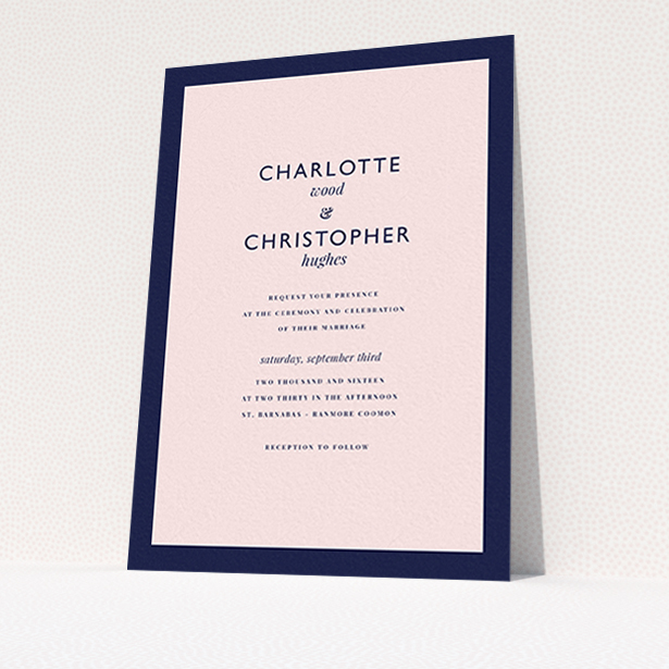 A wedding invite card template titled "Script switch". It is an A6 invite in a portrait orientation. "Script switch" is available as a flat invite, with tones of navy blue and pink.