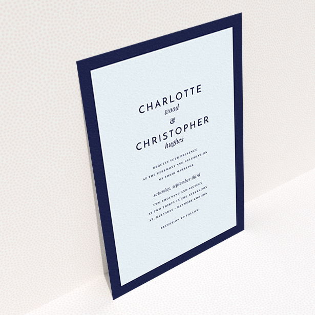 A wedding invite card template titled "Script switch". It is an A6 invite in a portrait orientation. "Script switch" is available as a flat invite, with mainly blue colouring.