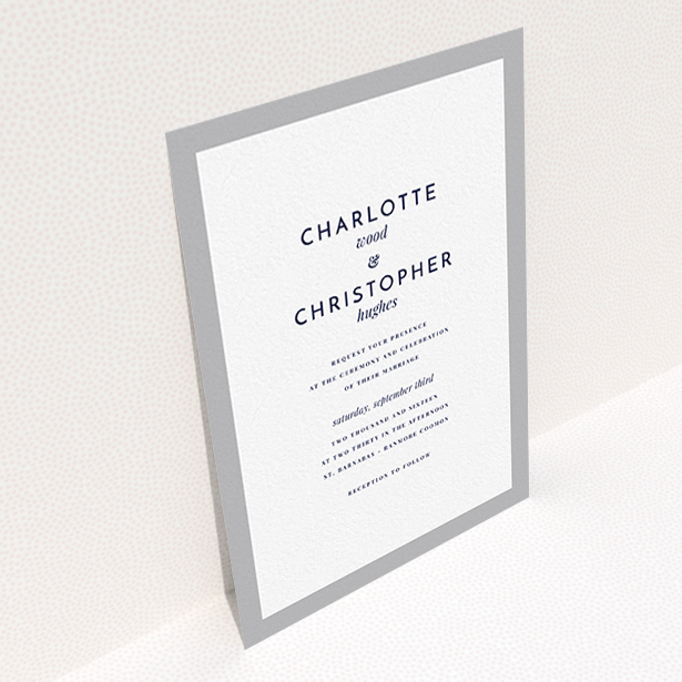 A wedding invite card design called "Script switch". It is an A6 invite in a portrait orientation. "Script switch" is available as a flat invite, with tones of grey and white.