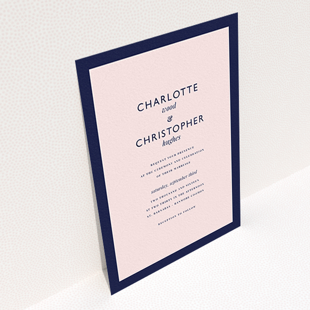 A wedding invite card template titled "Script switch". It is an A6 invite in a portrait orientation. "Script switch" is available as a flat invite, with tones of navy blue and pink.