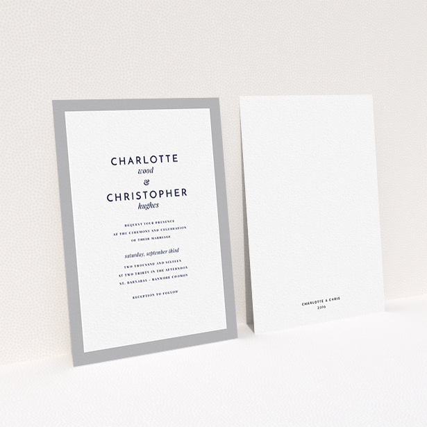 A wedding invite card design called "Script switch". It is an A6 invite in a portrait orientation. "Script switch" is available as a flat invite, with tones of grey and white.