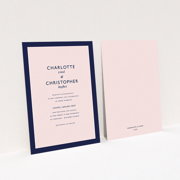 A wedding invite card template titled "Script switch". It is an A6 invite in a portrait orientation. "Script switch" is available as a flat invite, with tones of navy blue and pink.
