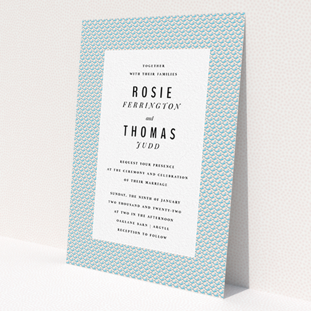 A wedding invite card design titled 'Sealions'. It is an A6 invite in a portrait orientation. 'Sealions' is available as a flat invite, with tones of blue and pink.