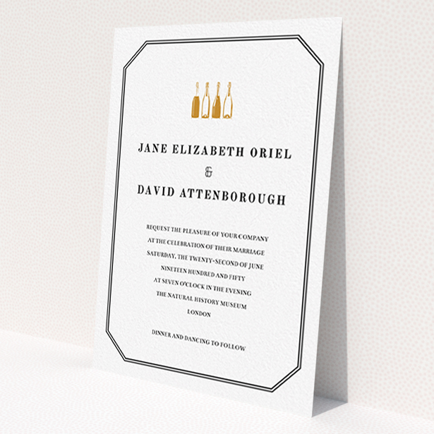 A wedding invite card template titled 'See you at the reception'. It is an A6 invite in a portrait orientation. 'See you at the reception' is available as a flat invite, with tones of gold and black.