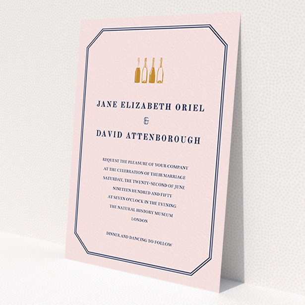 A wedding invite card design called 'See you at the reception'. It is an A6 invite in a portrait orientation. 'See you at the reception' is available as a flat invite, with mainly pink colouring.