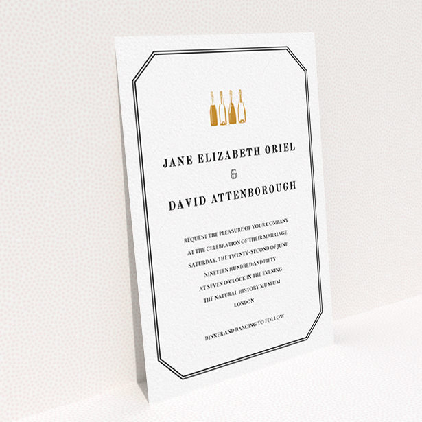 A wedding invite card template titled "See you at the reception". It is an A6 invite in a portrait orientation. "See you at the reception" is available as a flat invite, with tones of gold and black.
