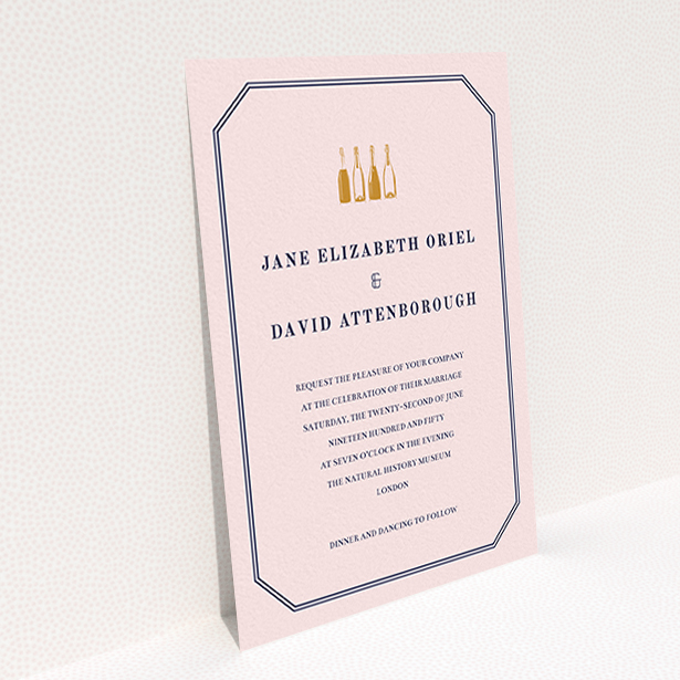A wedding invite card design called "See you at the reception". It is an A6 invite in a portrait orientation. "See you at the reception" is available as a flat invite, with mainly pink colouring.
