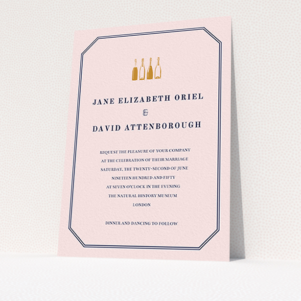A wedding invite card design called "See you at the reception". It is an A6 invite in a portrait orientation. "See you at the reception" is available as a flat invite, with mainly pink colouring.