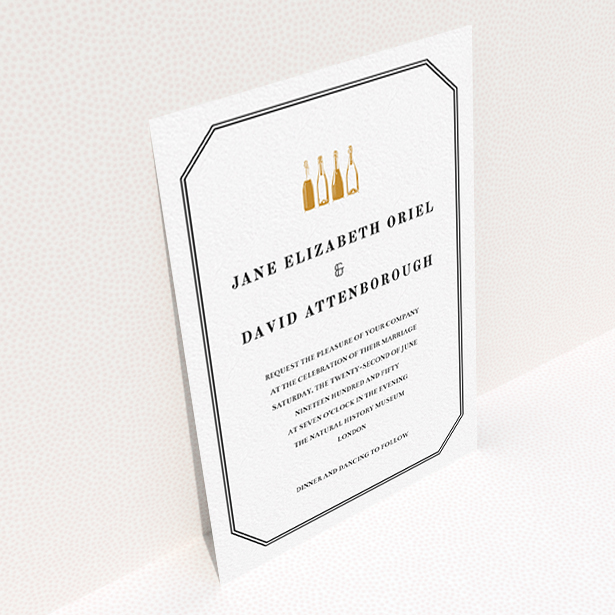 A wedding invite card template titled "See you at the reception". It is an A6 invite in a portrait orientation. "See you at the reception" is available as a flat invite, with tones of gold and black.