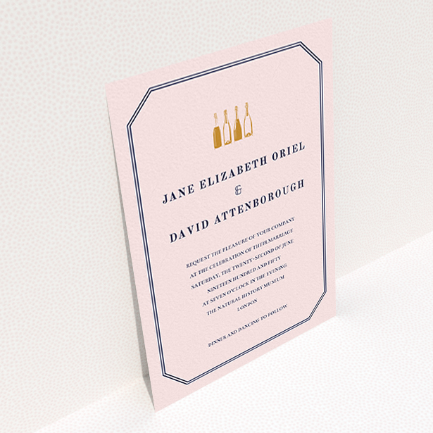 A wedding invite card design called "See you at the reception". It is an A6 invite in a portrait orientation. "See you at the reception" is available as a flat invite, with mainly pink colouring.