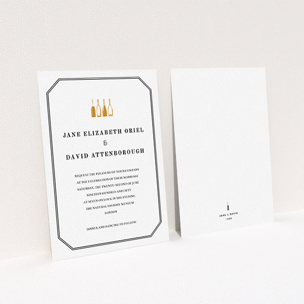 A wedding invite card template titled "See you at the reception". It is an A6 invite in a portrait orientation. "See you at the reception" is available as a flat invite, with tones of gold and black.