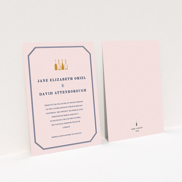 A wedding invite card design called "See you at the reception". It is an A6 invite in a portrait orientation. "See you at the reception" is available as a flat invite, with mainly pink colouring.