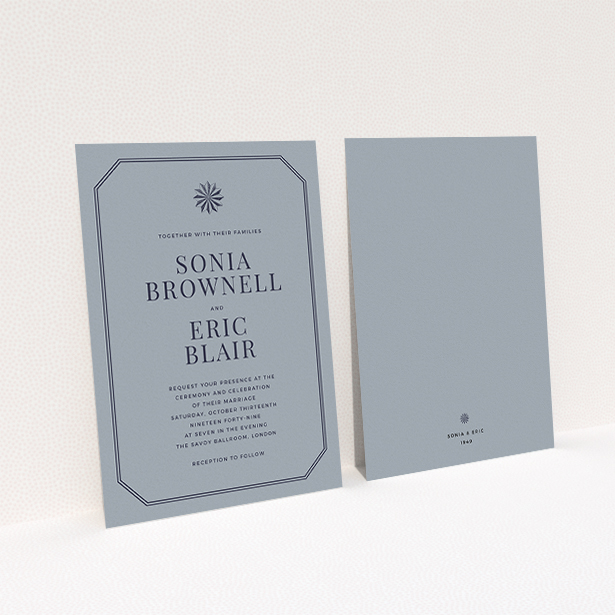 A wedding invite card named "Shaded sundial". It is an A6 invite in a portrait orientation. "Shaded sundial" is available as a flat invite, with tones of dark grey and navy blue.