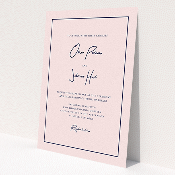 A wedding invite card design titled 'Signature script'. It is an A6 invite in a portrait orientation. 'Signature script' is available as a flat invite, with mainly pink colouring.