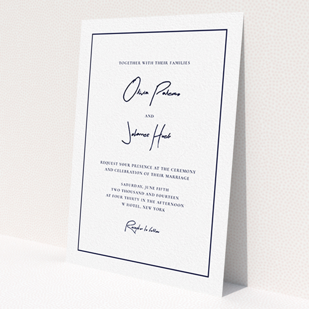 A wedding invite card called "Signature script". It is an A6 invite in a portrait orientation. "Signature script" is available as a flat invite, with mainly white colouring.