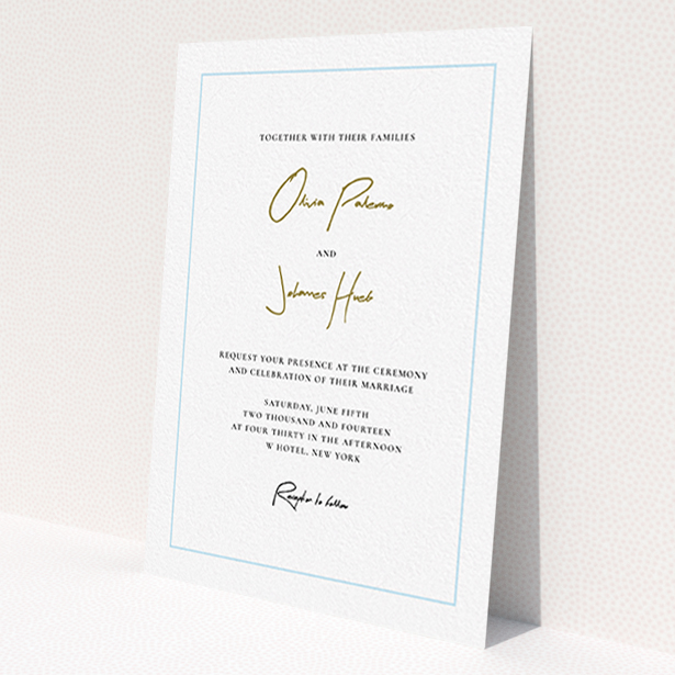 A wedding invite card design titled 'Signature script'. It is an A6 invite in a portrait orientation. 'Signature script' is available as a flat invite, with tones of white and light blue.