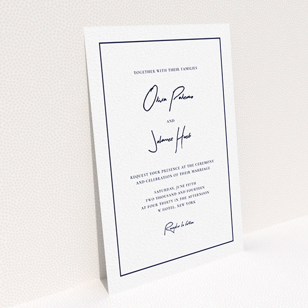A wedding invite card called "Signature script". It is an A6 invite in a portrait orientation. "Signature script" is available as a flat invite, with mainly white colouring.