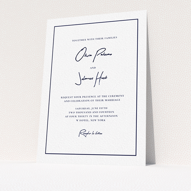 A wedding invite card called "Signature script". It is an A6 invite in a portrait orientation. "Signature script" is available as a flat invite, with mainly white colouring.