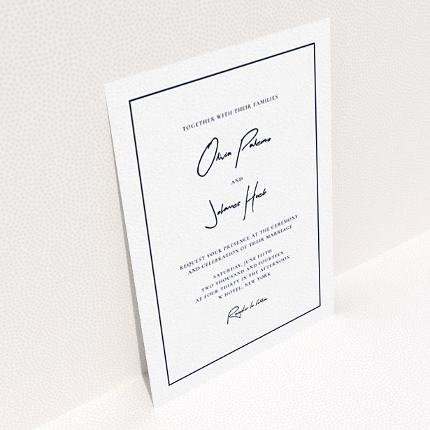 A wedding invite card called "Signature script". It is an A6 invite in a portrait orientation. "Signature script" is available as a flat invite, with mainly white colouring.