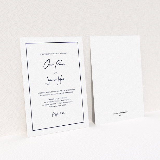 A wedding invite card called "Signature script". It is an A6 invite in a portrait orientation. "Signature script" is available as a flat invite, with mainly white colouring.