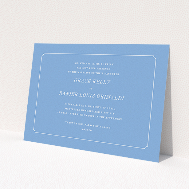 A wedding invite card named 'Simple circle border'. It is an A6 invite in a landscape orientation. 'Simple circle border' is available as a flat invite, with tones of blue and white.