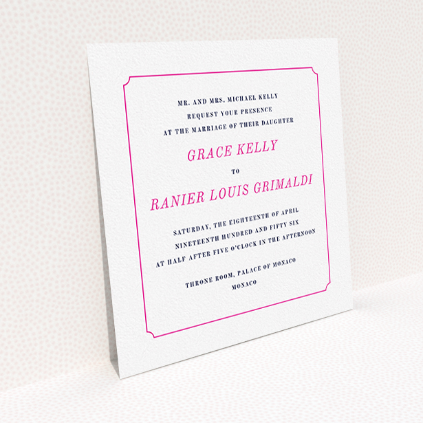 A wedding invite card template titled "Simple circle border". It is a square (148mm x 148mm) invite in a square orientation. "Simple circle border" is available as a flat invite, with tones of white and pink.