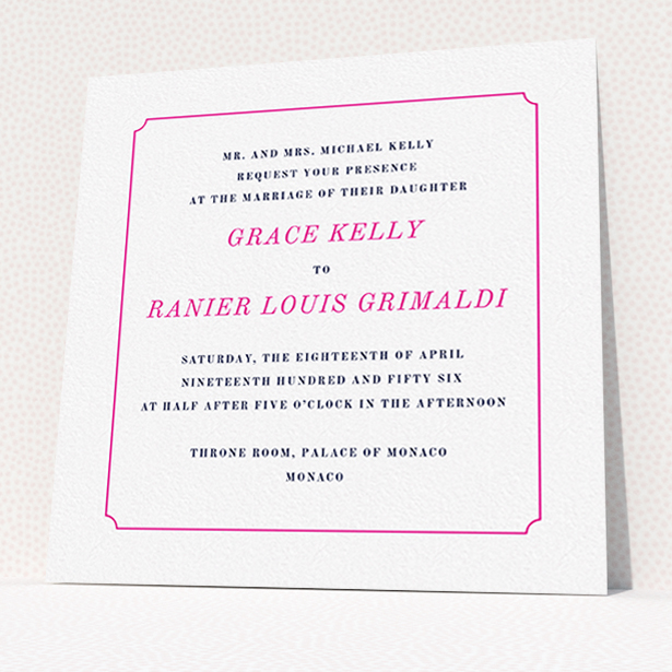 A wedding invite card template titled "Simple circle border". It is a square (148mm x 148mm) invite in a square orientation. "Simple circle border" is available as a flat invite, with tones of white and pink.