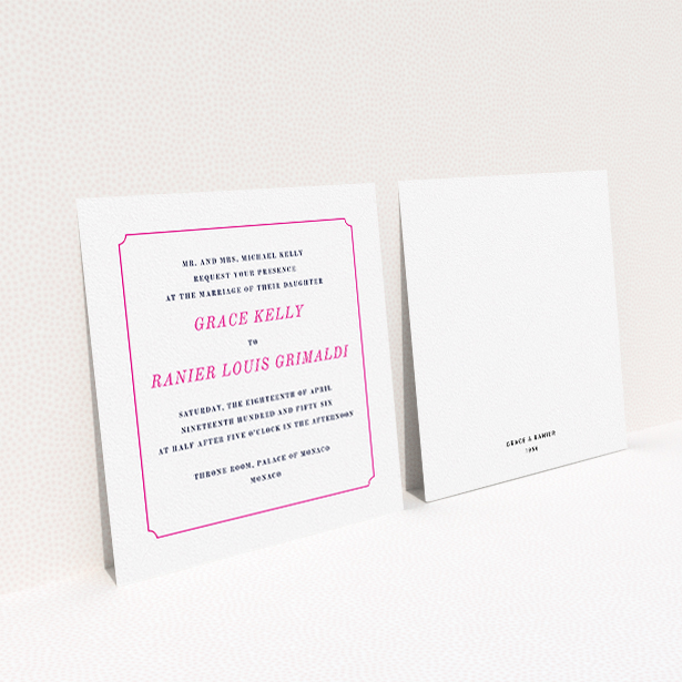 A wedding invite card template titled "Simple circle border". It is a square (148mm x 148mm) invite in a square orientation. "Simple circle border" is available as a flat invite, with tones of white and pink.
