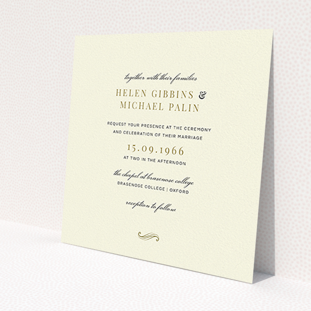 A wedding invite card template titled 'Simple flourish'. It is a square (148mm x 148mm) invite in a square orientation. 'Simple flourish' is available as a flat invite, with tones of cream and gold.