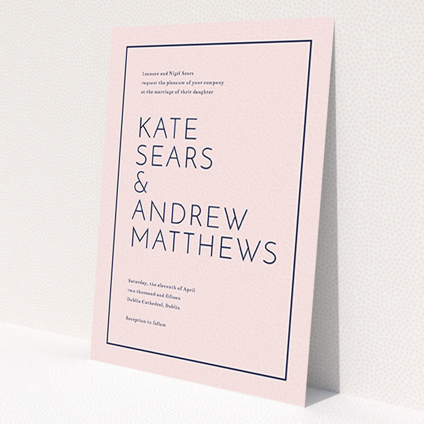 A wedding invite card called 'Simple lines'. It is an A6 invite in a portrait orientation. 'Simple lines' is available as a flat invite, with mainly pink colouring.