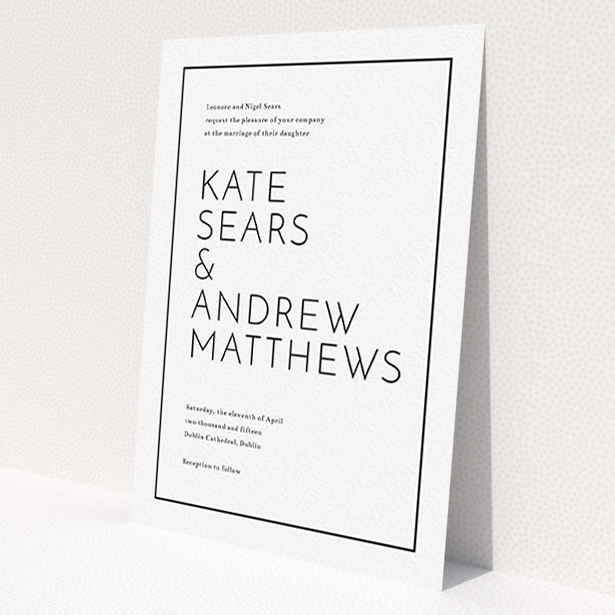 A wedding invite card design titled 'Simple lines'. It is an A6 invite in a portrait orientation. 'Simple lines' is available as a flat invite, with mainly white colouring.