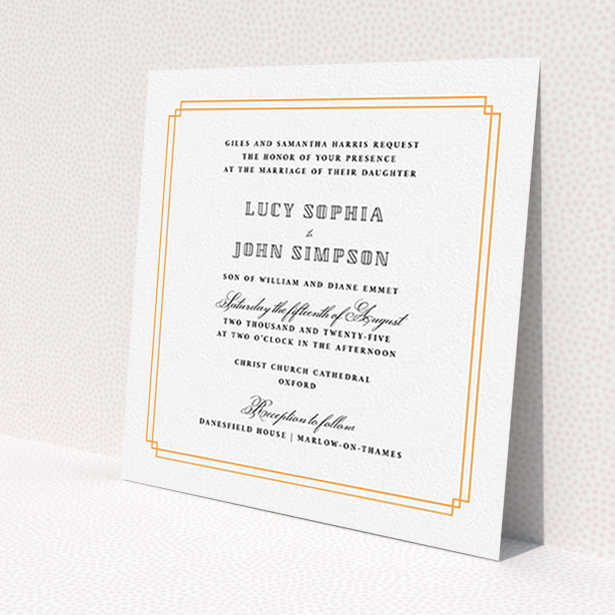 A wedding invite card design called 'Simplistic Notch Frame'. It is a square (148mm x 148mm) invite in a square orientation. 'Simplistic Notch Frame' is available as a flat invite, with tones of orange and white.