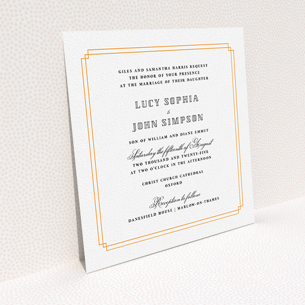 A wedding invite card design called "Simplistic Notch Frame". It is a square (148mm x 148mm) invite in a square orientation. "Simplistic Notch Frame" is available as a flat invite, with tones of orange and white.